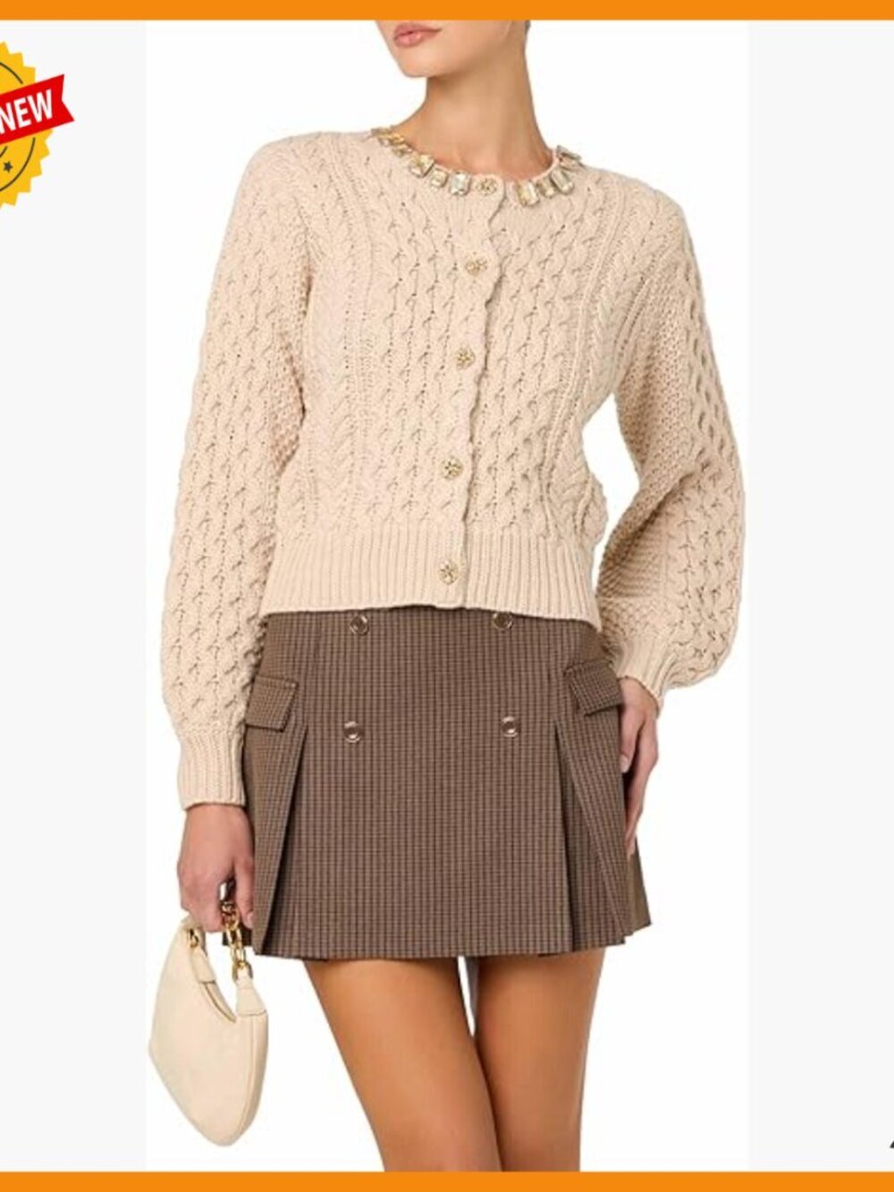 Cable Knit Cardigan with Balloon Sleeves and Jeweled Buttons